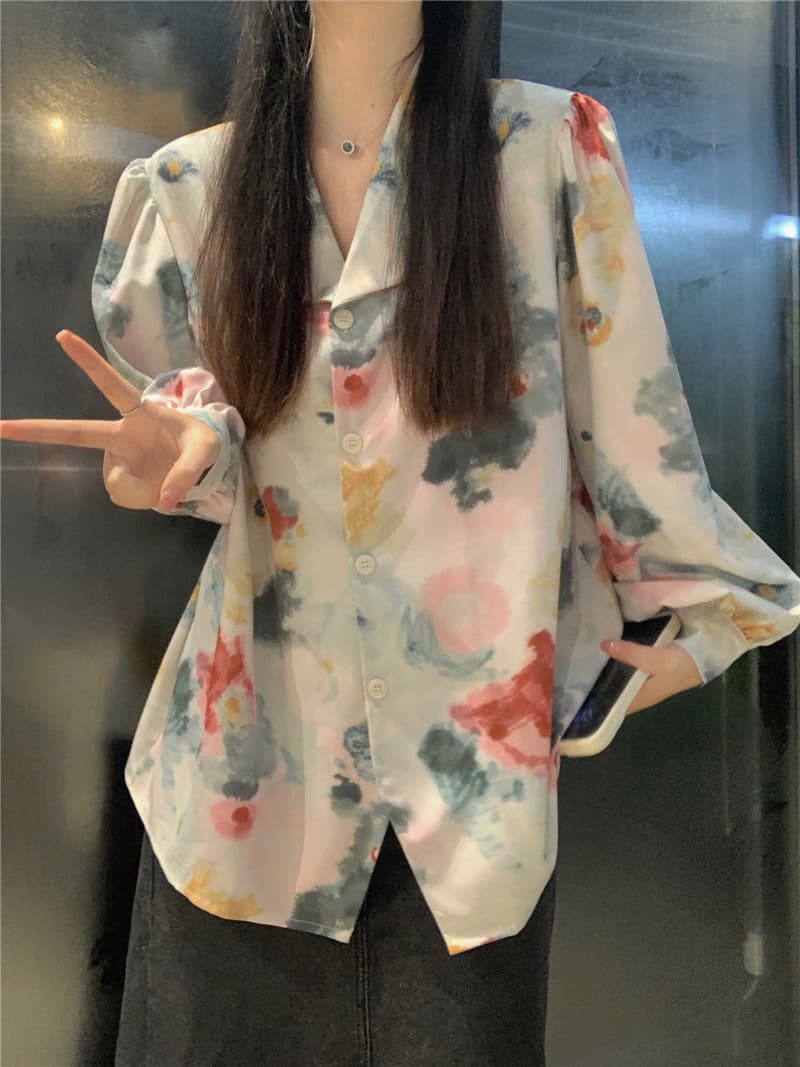 韓国風水彩花柄シャツ通勤おしゃれ長袖ブラウス