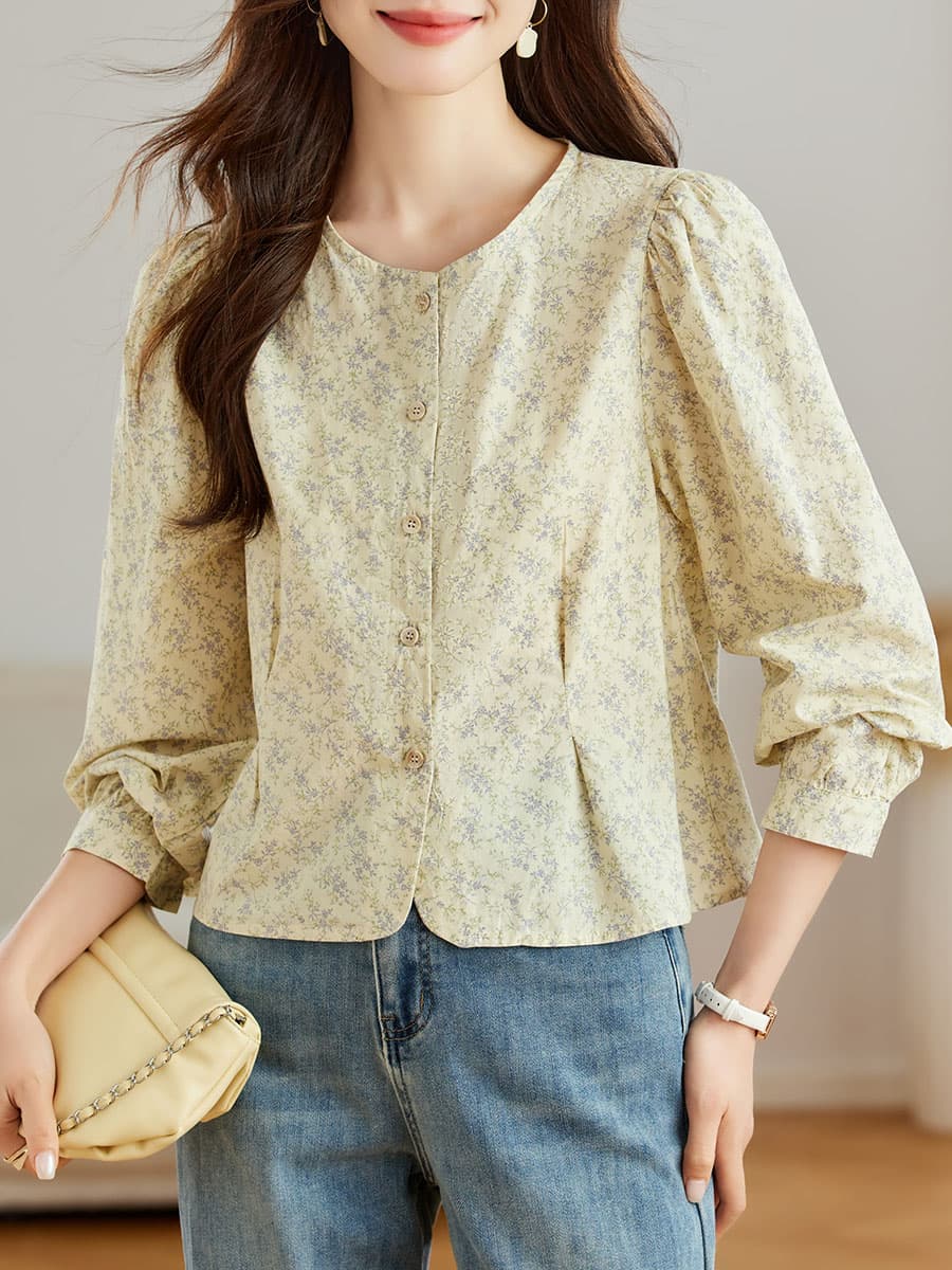 柄シャツ 柄シャツ 優美な小花模様パフスリーブブラウス