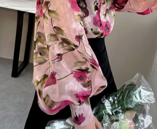 秋冬レディース総柄シャツ長袖花柄バルーン袖シフォン