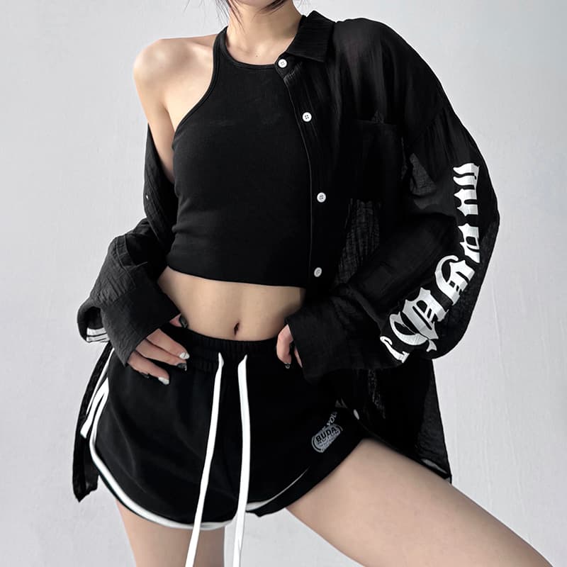 柄シャツ 透け感文字デザイン柄シャツ