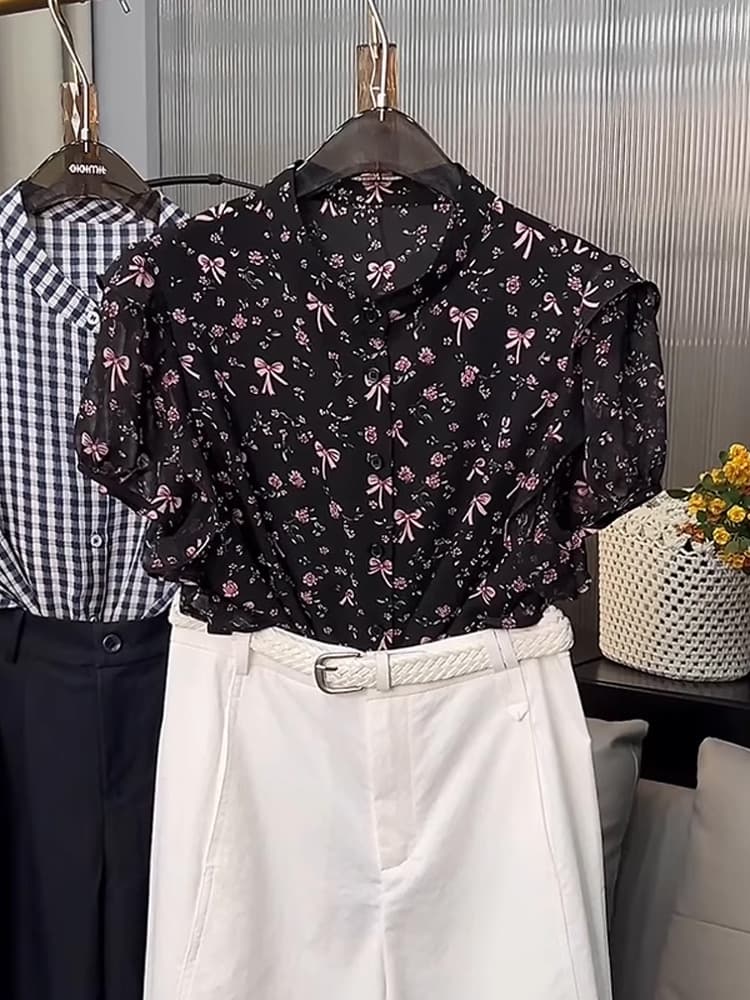 柄シャツ 優美なリボン舞う小花シャツ