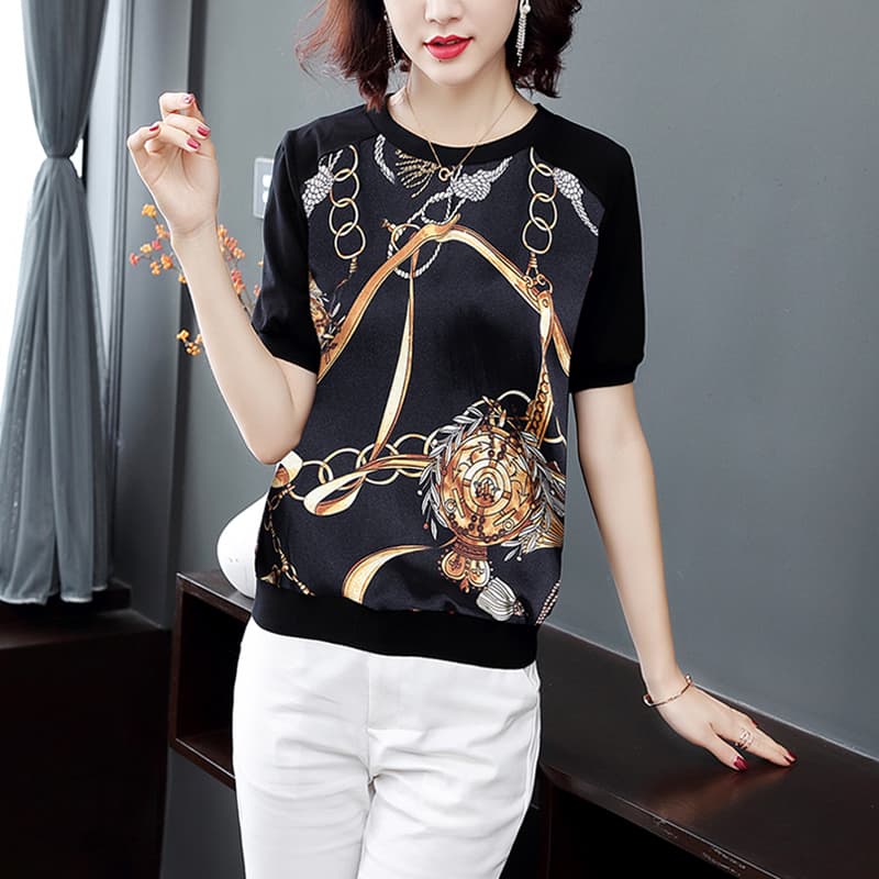 柄シャツ 華やか金具模様プリントブラウス