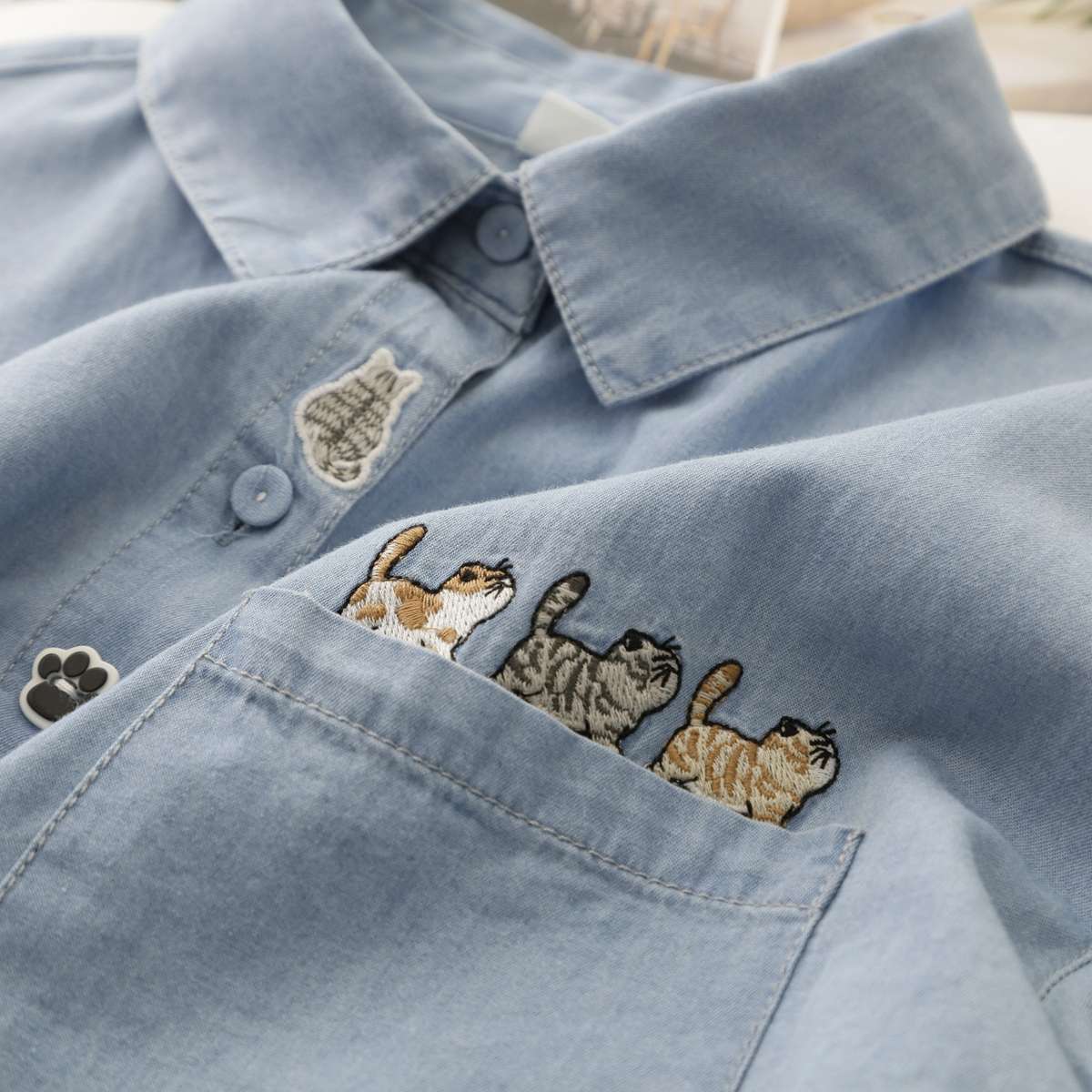 柄シャツ お昼寝猫さんシリーズ 胸ポケット刺繍シャツ