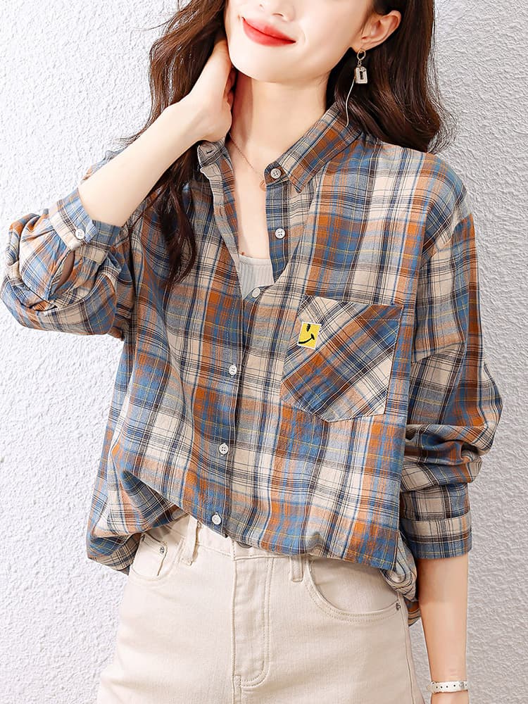 柄シャツ ポケット付きワイドチェックシャツ