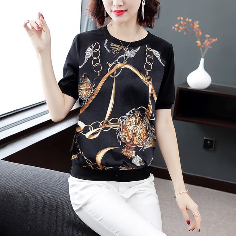 柄シャツ 華やか金具模様プリントブラウス