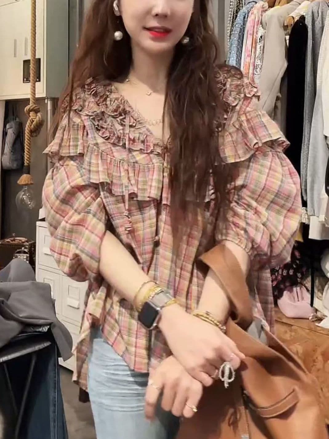 柄シャツ 柄シャツ フリルギャザー格子柄ブラウス