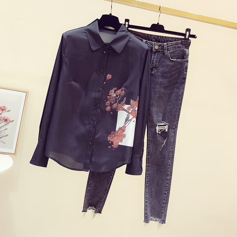 柄シャツ 花舞う枝模様シルクブラウス