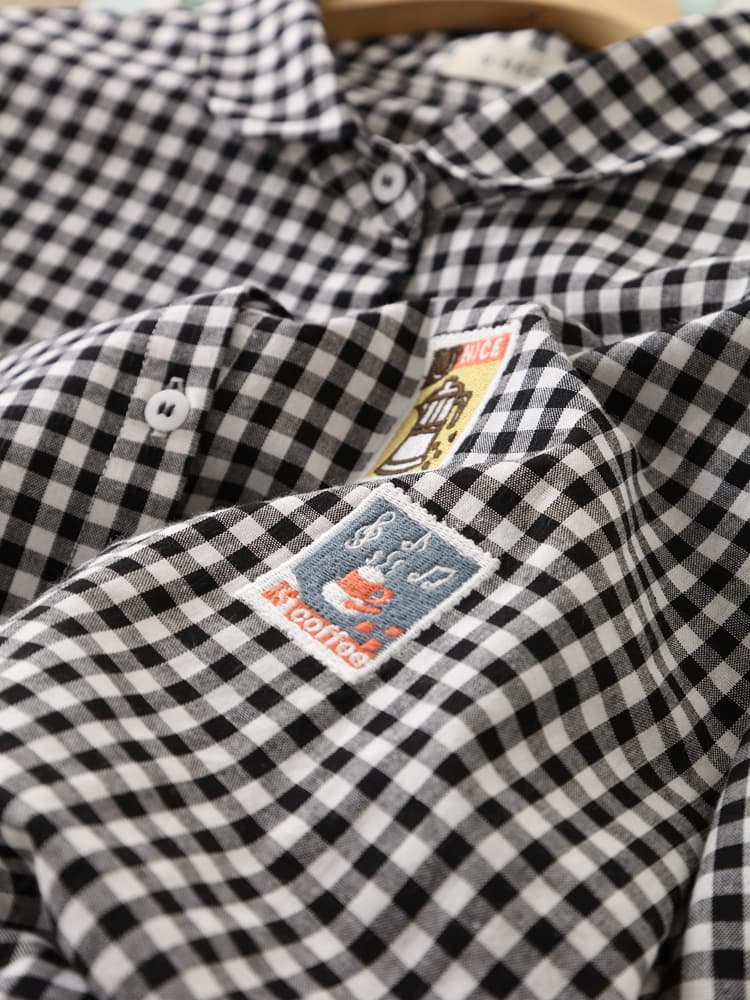 柄シャツ 柄シャツ レトロワッペン格子模様シャツ