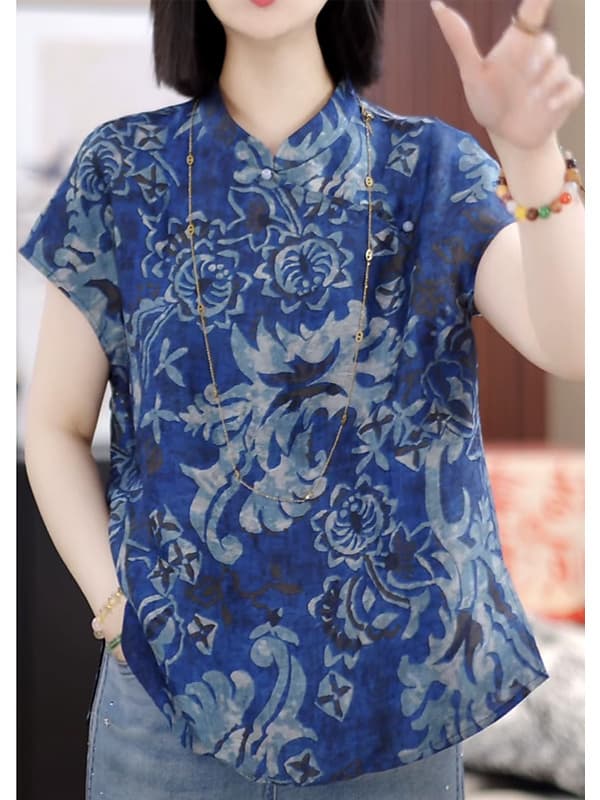 柄シャツ 優雅な薔薇模様スタンドカラーシャツ
