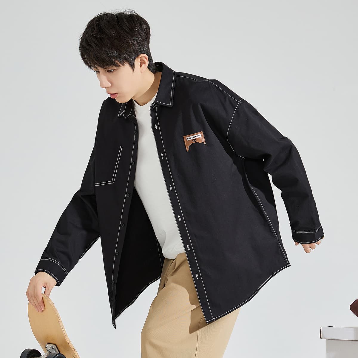 柄シャツ ステッチ際立つワークシャツ