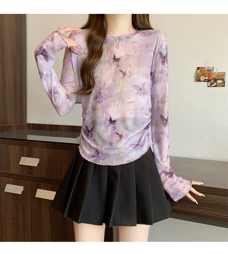 蝶々柄シアー総柄シャツ 透け感長袖薄手レディース
