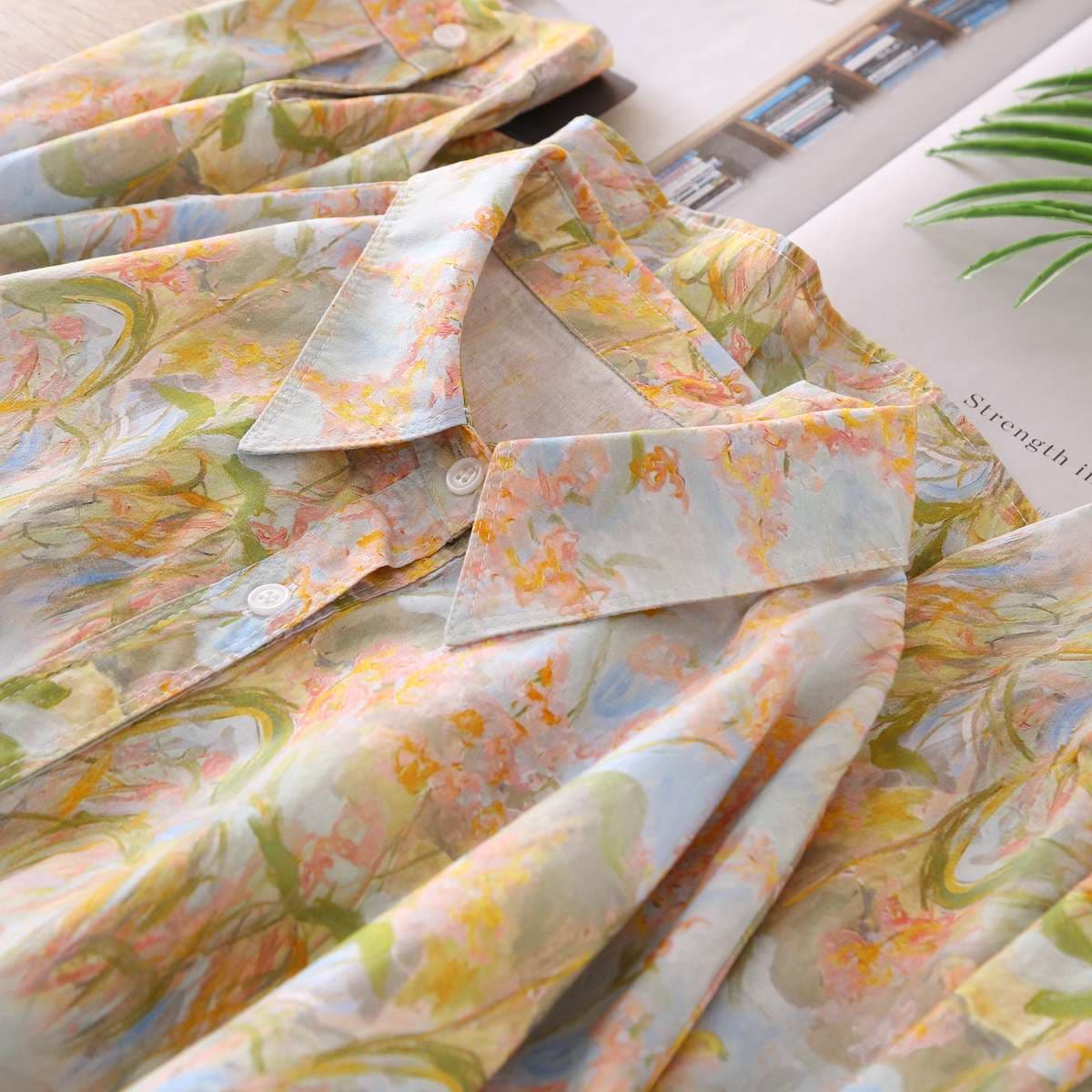 柄シャツ 春の花園 優雅なシャツブラウス