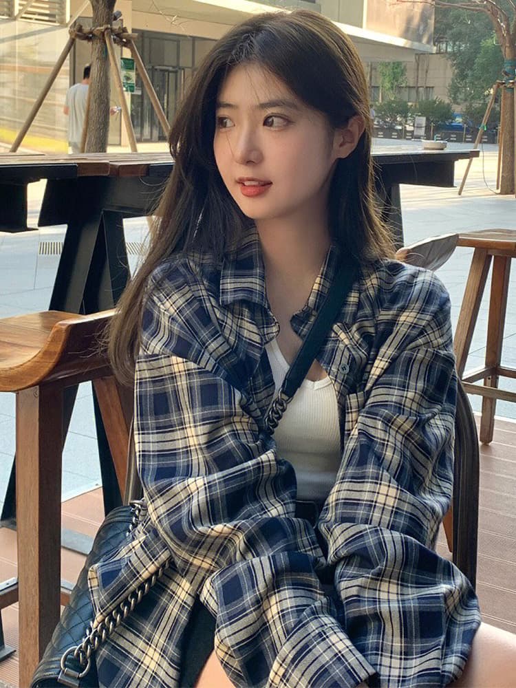 柄シャツ 柄シャツ クラシック格子模様ゆったりシャツ