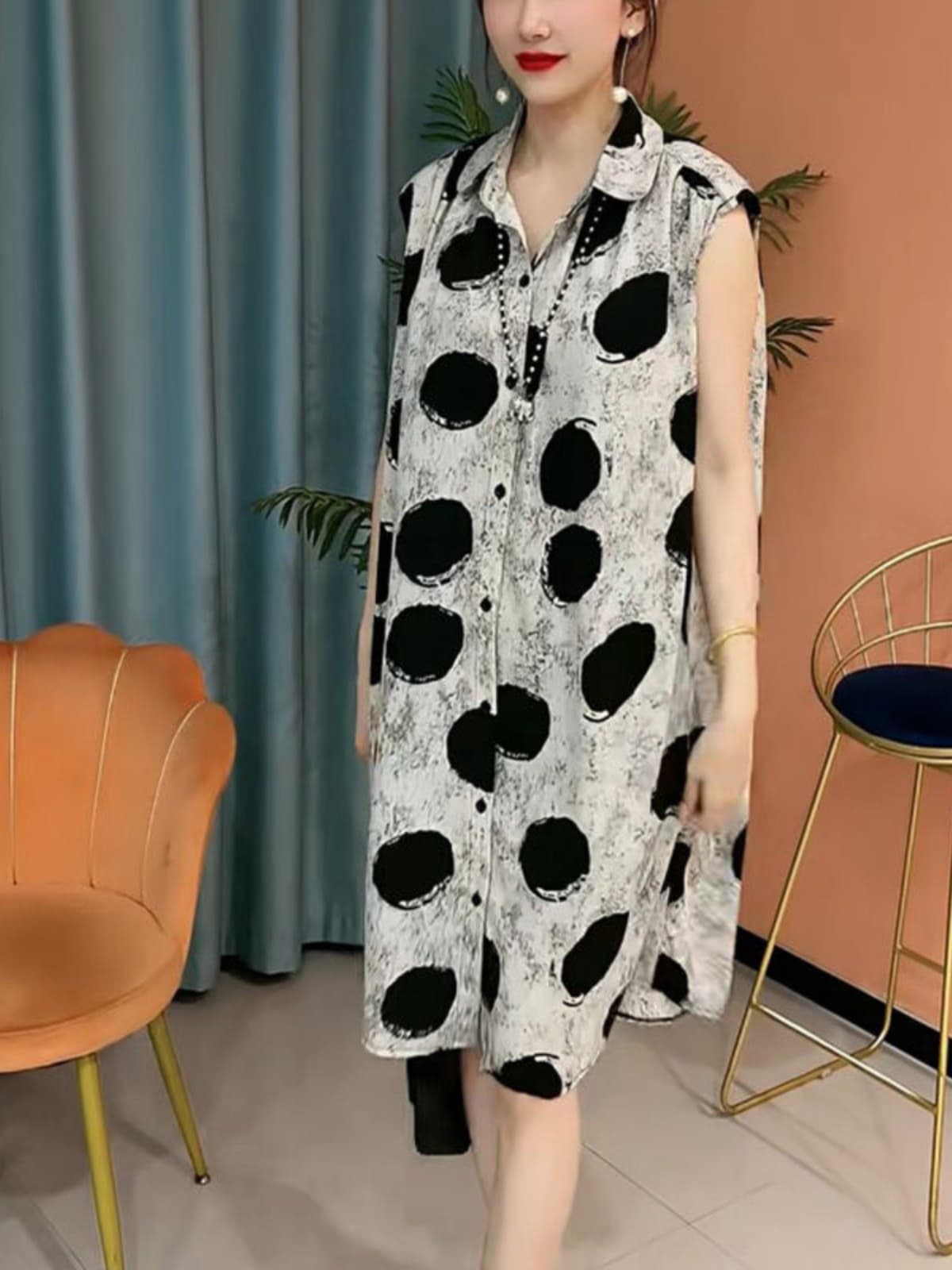 柄シャツ 芸術的水玉ノースリーブシャツワンピース