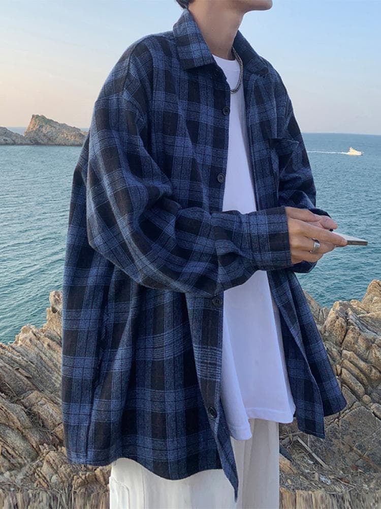 ゆったりシルエット 海辺の休日チェック柄シャツ