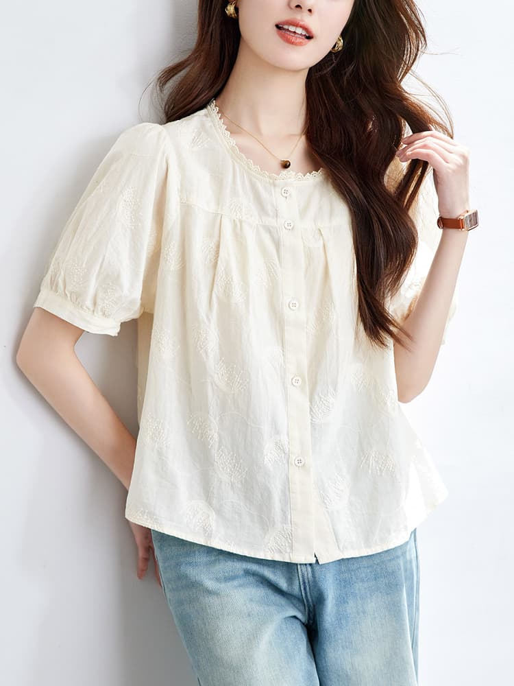 柄シャツ 優美な刺繍レースブラウス