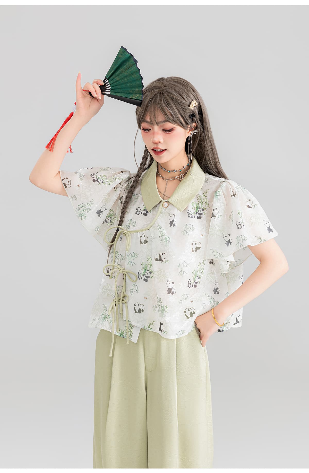柄シャツ パンダ竹林 なごみ総柄シャツ