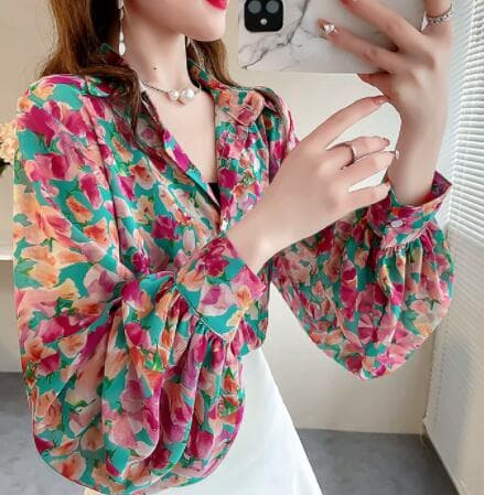 秋冬レディース総柄シャツ長袖シフォンバルーン袖花柄