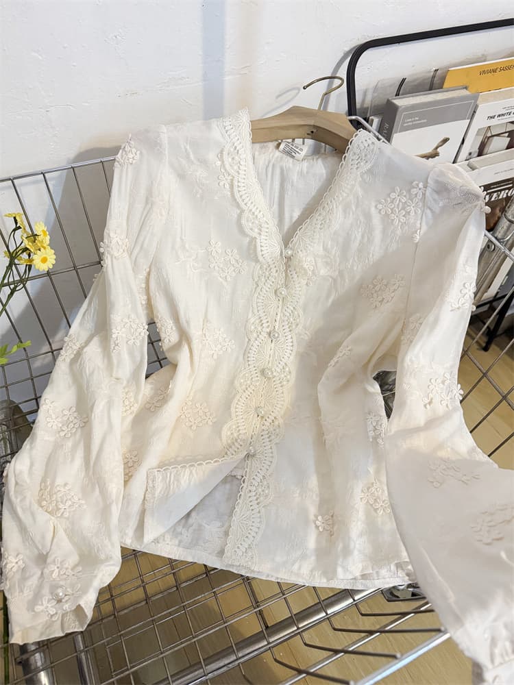 柄シャツ 柄シャツ 優美な小花刺繍レースブラウス