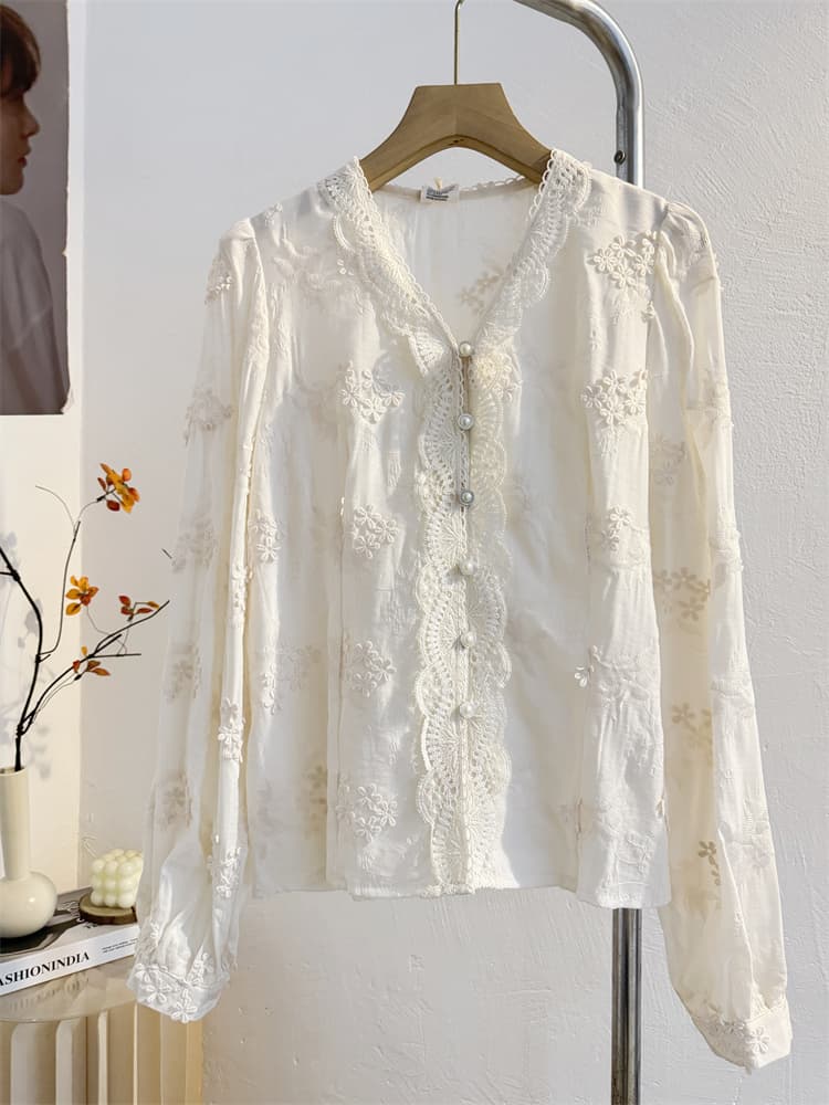 柄シャツ 柄シャツ 優美な小花刺繍レースブラウス
