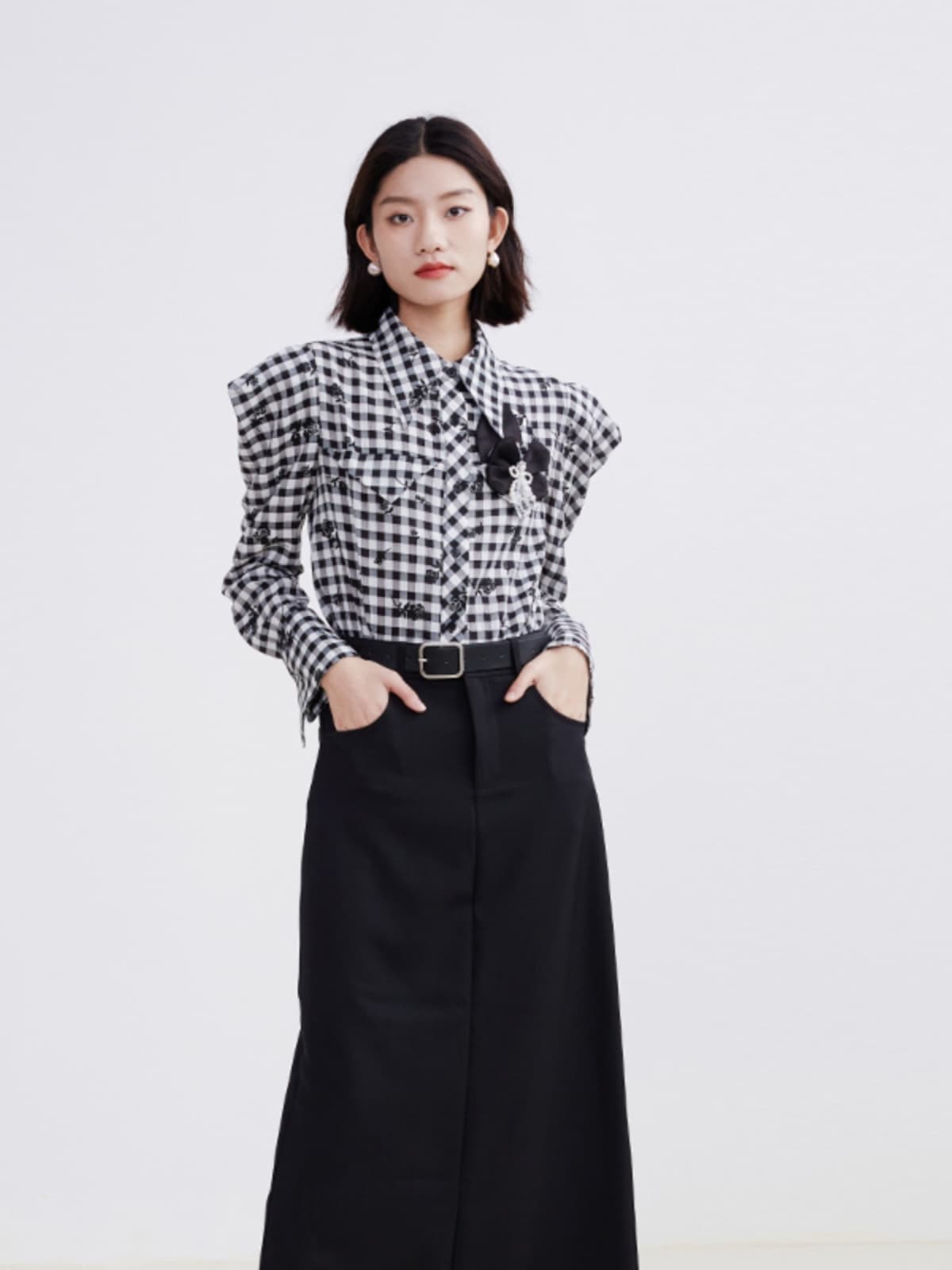 柄シャツ 華やか装飾チェック柄ブラウス