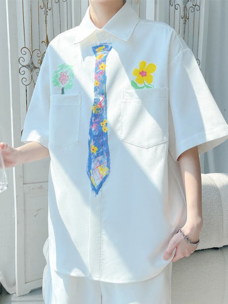 柄シャツ 彩りお絵描き風花柄シャツ