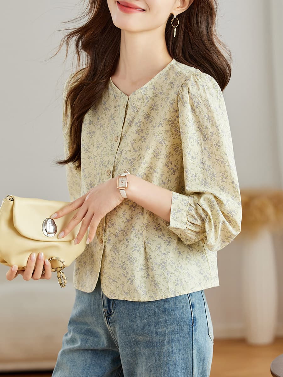 柄シャツ 柄シャツ 優美な小花模様パフスリーブブラウス