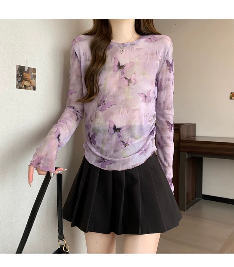 蝶々柄シアー総柄シャツ 透け感長袖薄手レディース