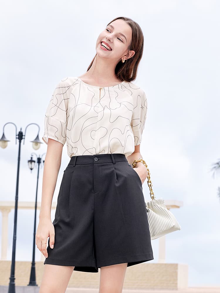 柄シャツ 優美曲線デザイン半袖ブラウス