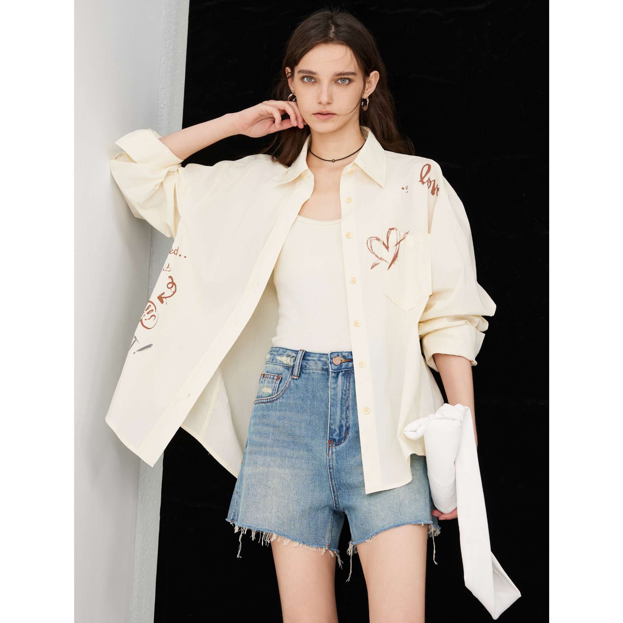 柄シャツ 手書きハートデザイン オーバーサイズシャツ