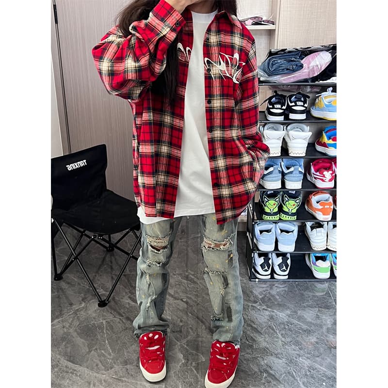 柄シャツ フロントロゴ入りオーバーサイズシャツ