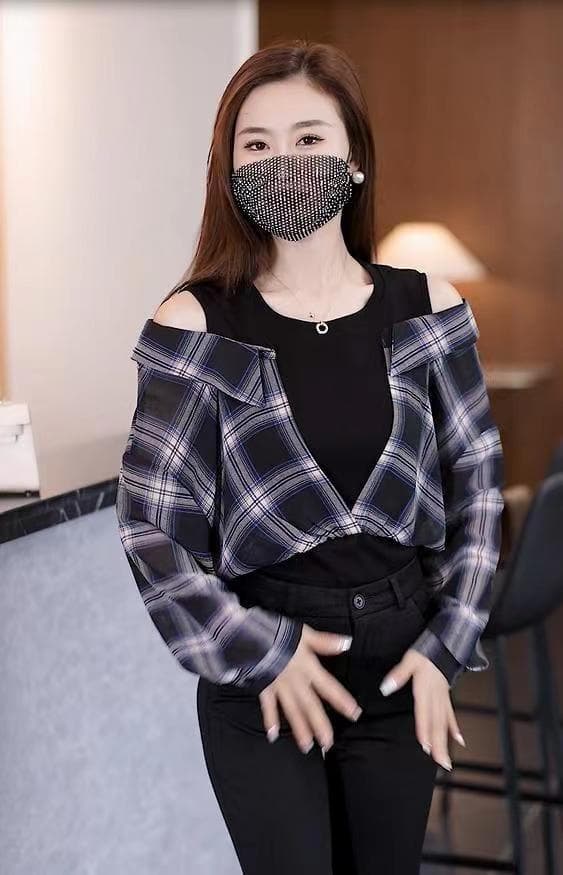 柄シャツ 肩開きデザイン チェック柄シャツ