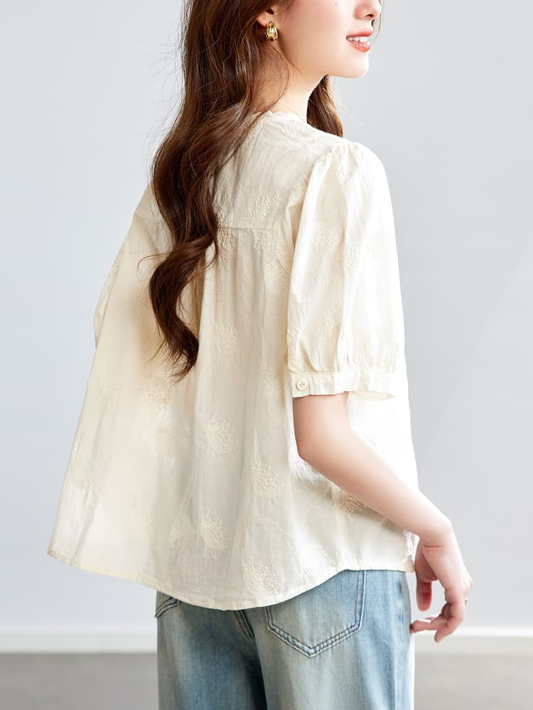 柄シャツ 優美な刺繍レースブラウス