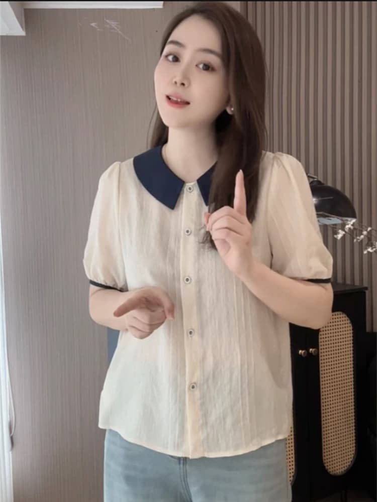 柄シャツ 優雅な襟付きストライプブラウス