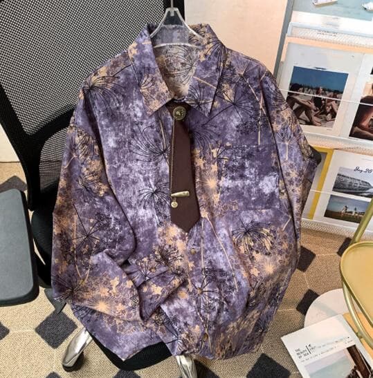 男性用長袖総柄シャツ パープル花柄デザイン