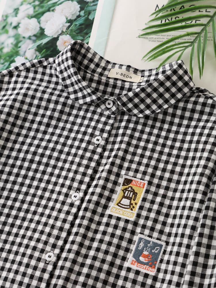 柄シャツ 柄シャツ レトロワッペン格子模様シャツ