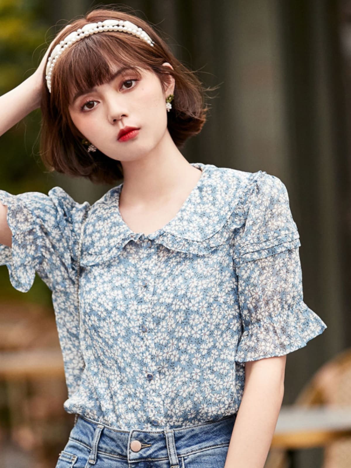 柄シャツ 小花柄丸襟パフスリーブシャツ