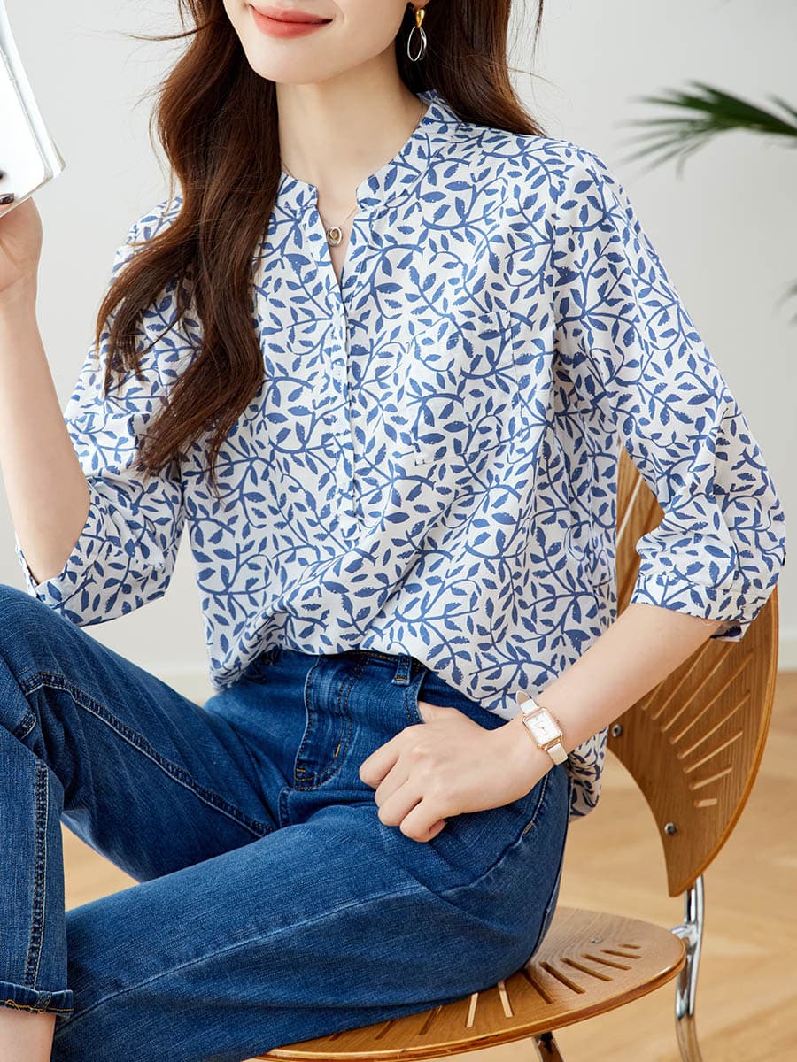 柄シャツ 柄シャツ 葉模様のスタンドカラーブラウス