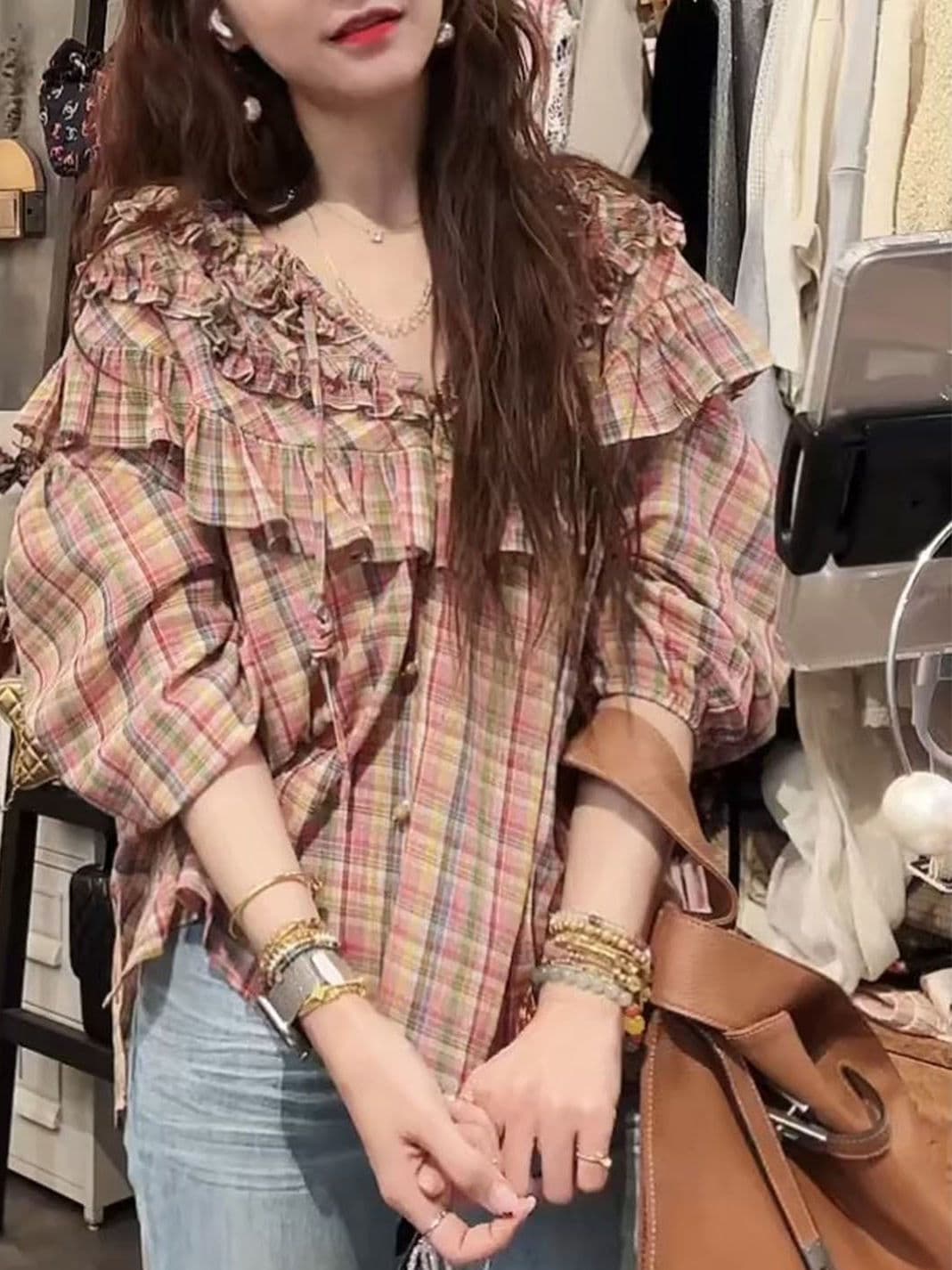 柄シャツ 柄シャツ フリルギャザー格子柄ブラウス