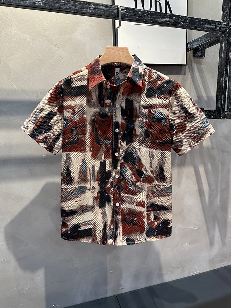 柄シャツ 芸術的筆遣い 半袖総柄シャツ