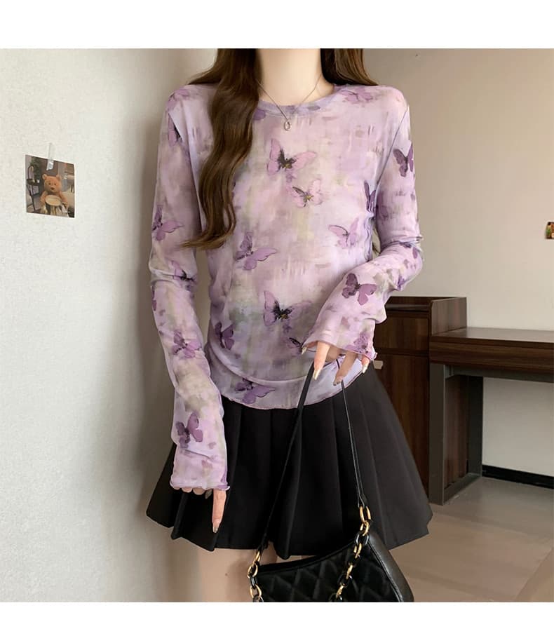 蝶々柄シアー総柄シャツ 透け感長袖薄手レディース