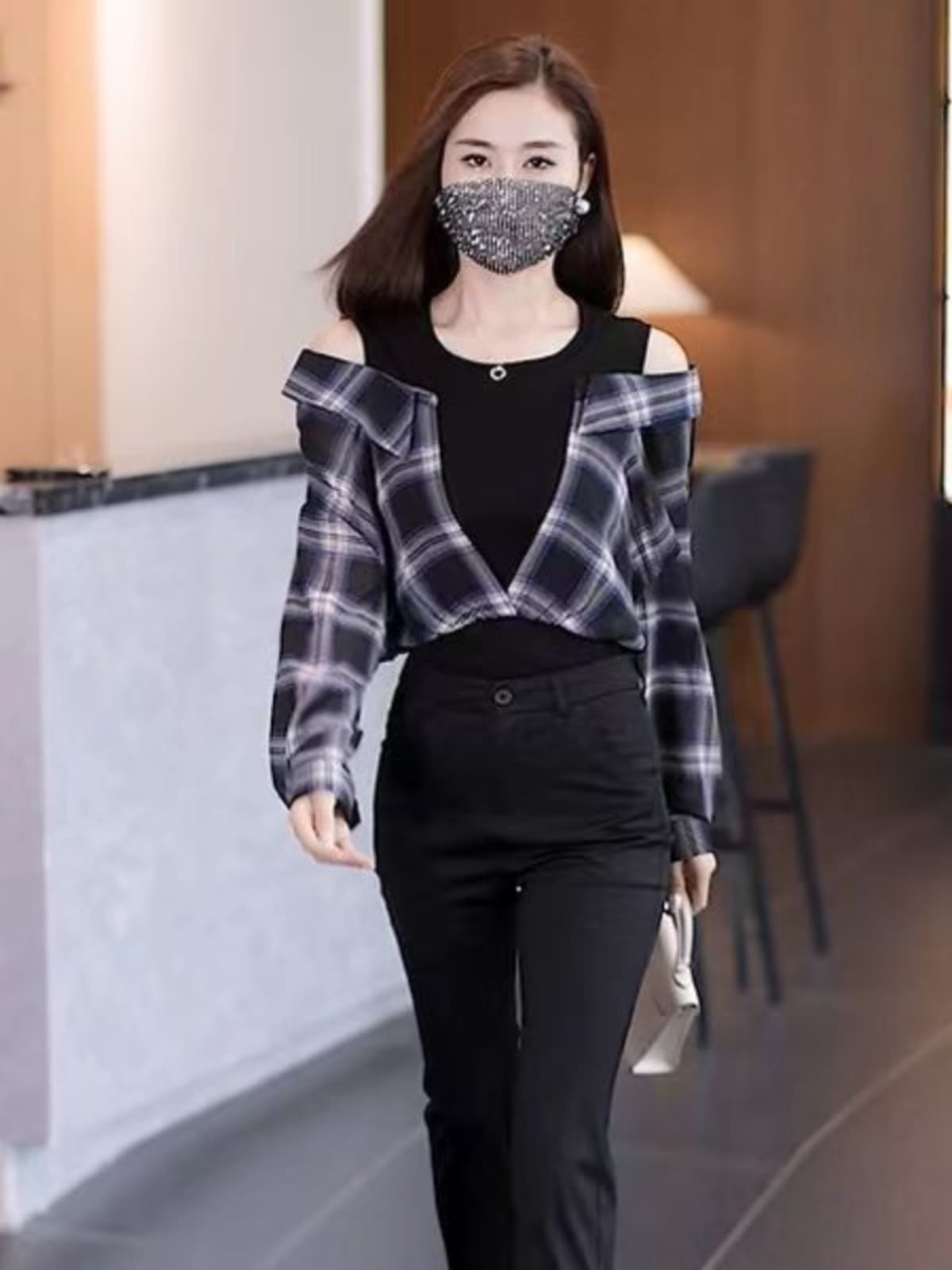 柄シャツ 肩開きデザイン チェック柄シャツ