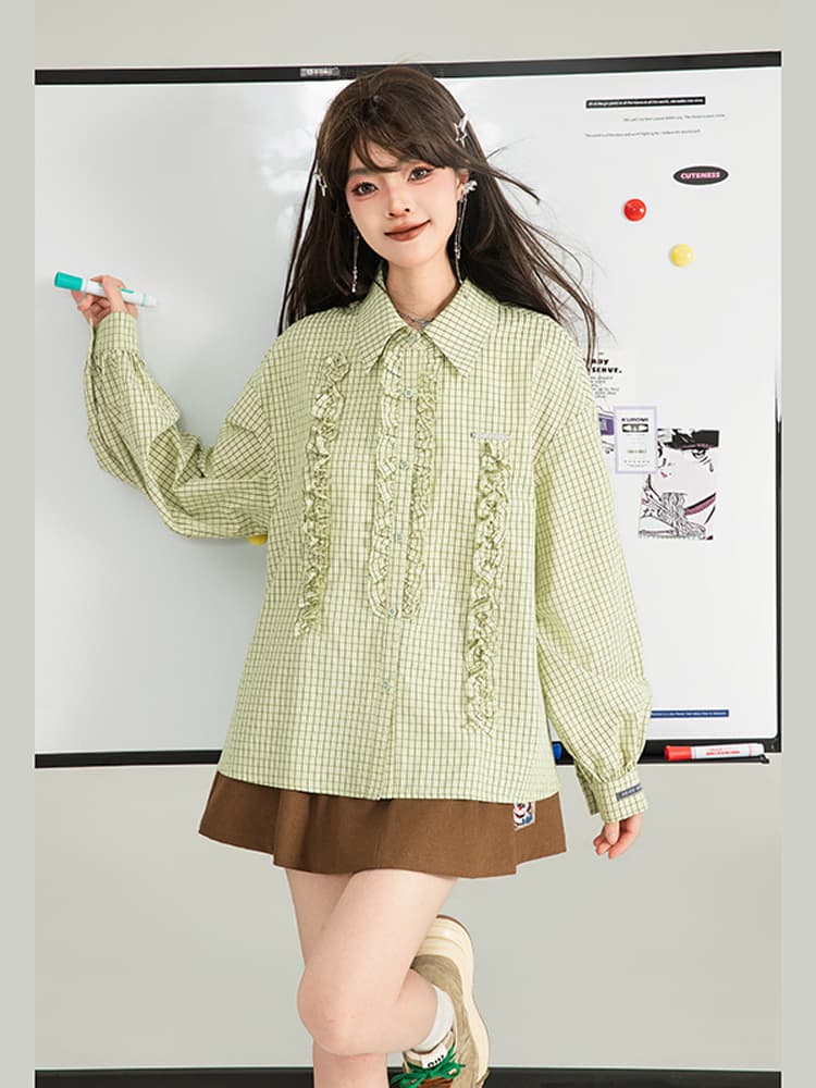 柄シャツ フリル装飾格子柄ゆったりシャツ