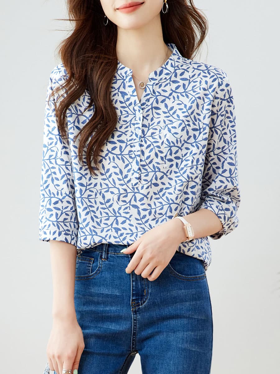柄シャツ 柄シャツ 葉模様のスタンドカラーブラウス