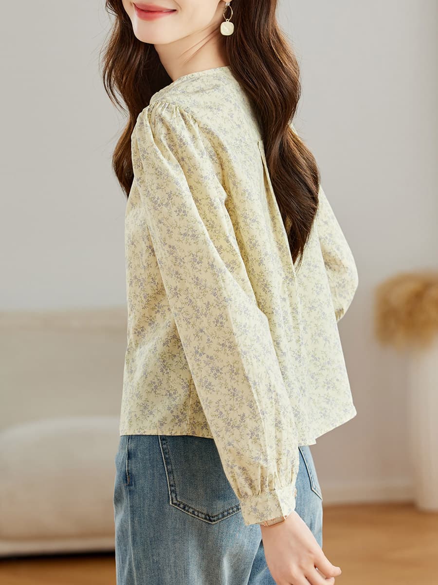 柄シャツ 柄シャツ 優美な小花模様パフスリーブブラウス