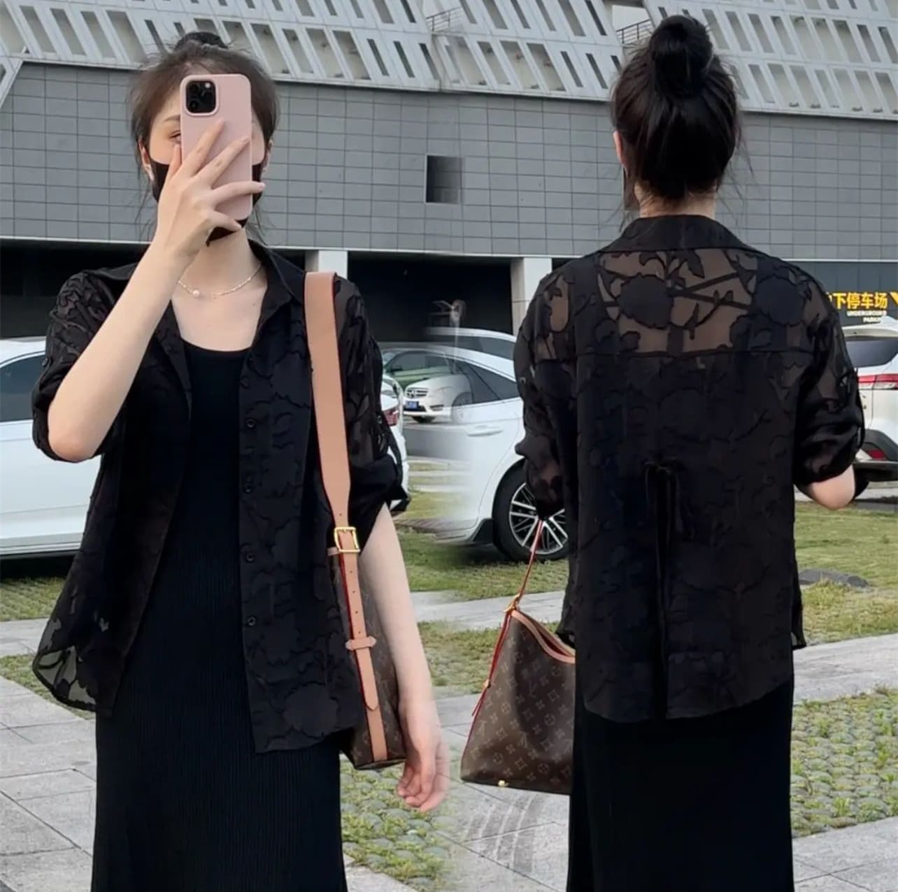 柄シャツ 花影レースバックリボンシャツ