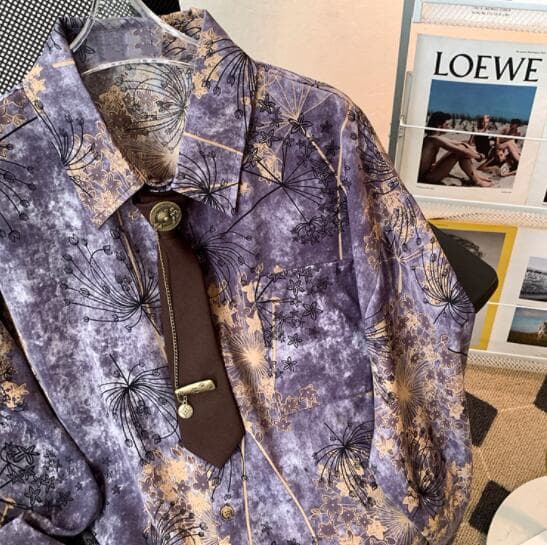 男性用長袖総柄シャツ パープル花柄デザイン