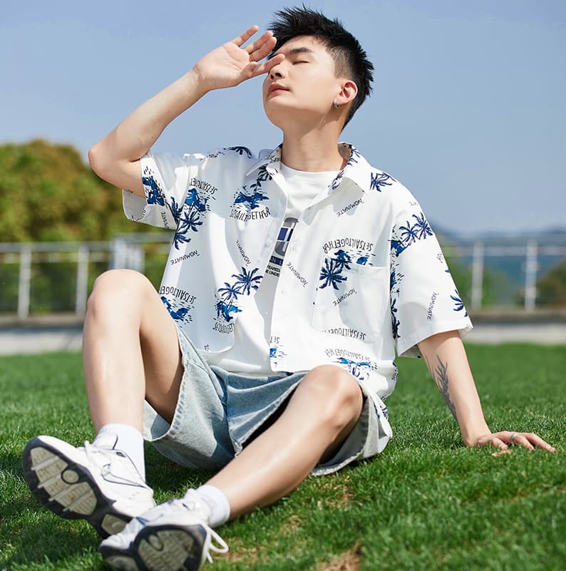 柄シャツ 南国やしの木プリント半袖シャツ