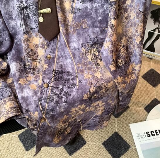 男性用長袖総柄シャツ パープル花柄デザイン