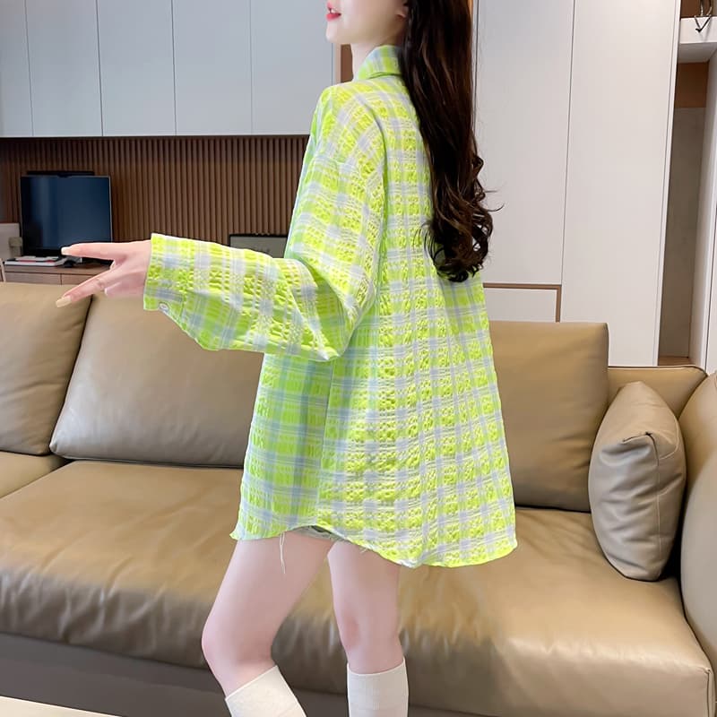 柄シャツ 透かし織りチェックシャツ